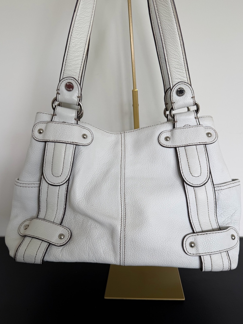 Tignanello White Pebbled Leather Shoulder Bag Tote Silver Hardware